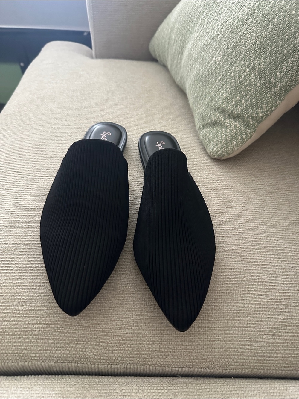 Black Ribbed Pointed Backless Mules - Picture 3 of 3